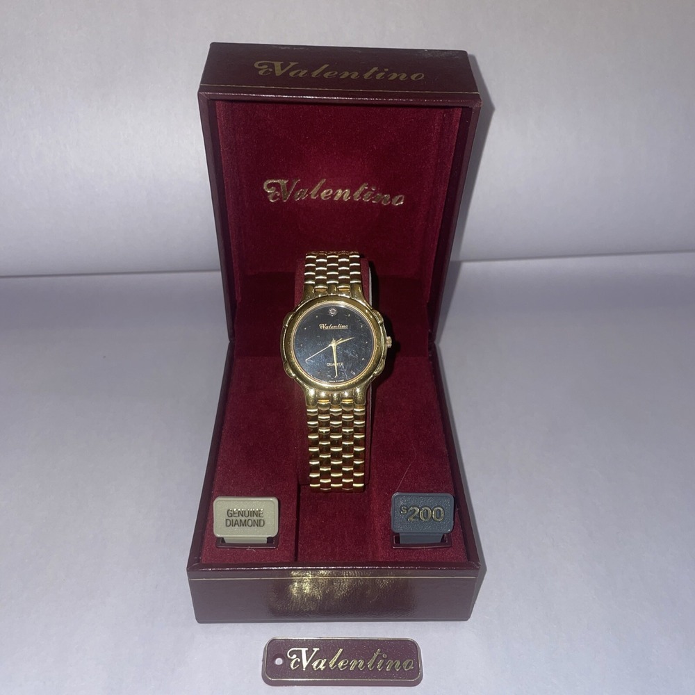 Beautiful Vintage Valentino Gold Toned Quartz Watch With Genuine Diamond -In Box